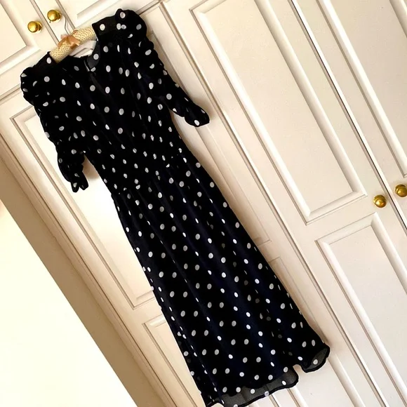 H&M | Dresses | Hm Black And White Polka Dot Ruched Sleeve Dress | Poshmark